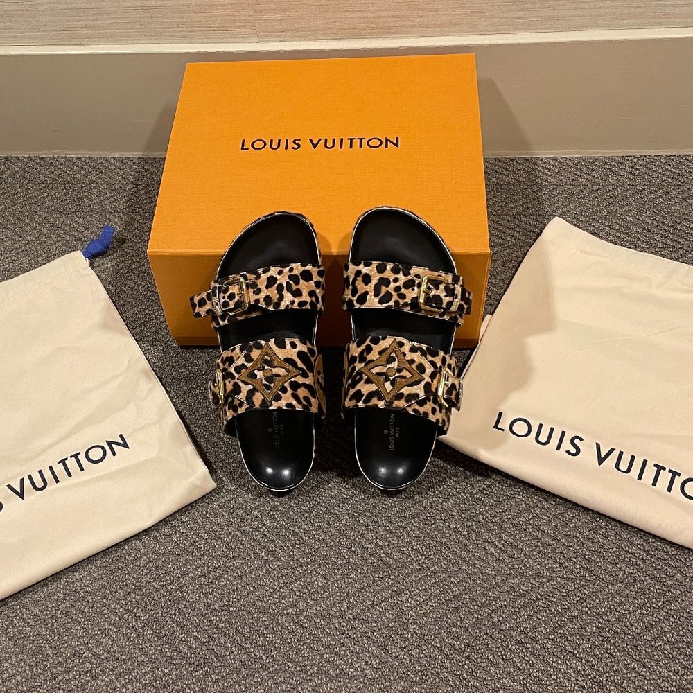 Louis Vuitton Calfskin Pony Hair Leopard Bom Dia Mule Sandals with Original Box